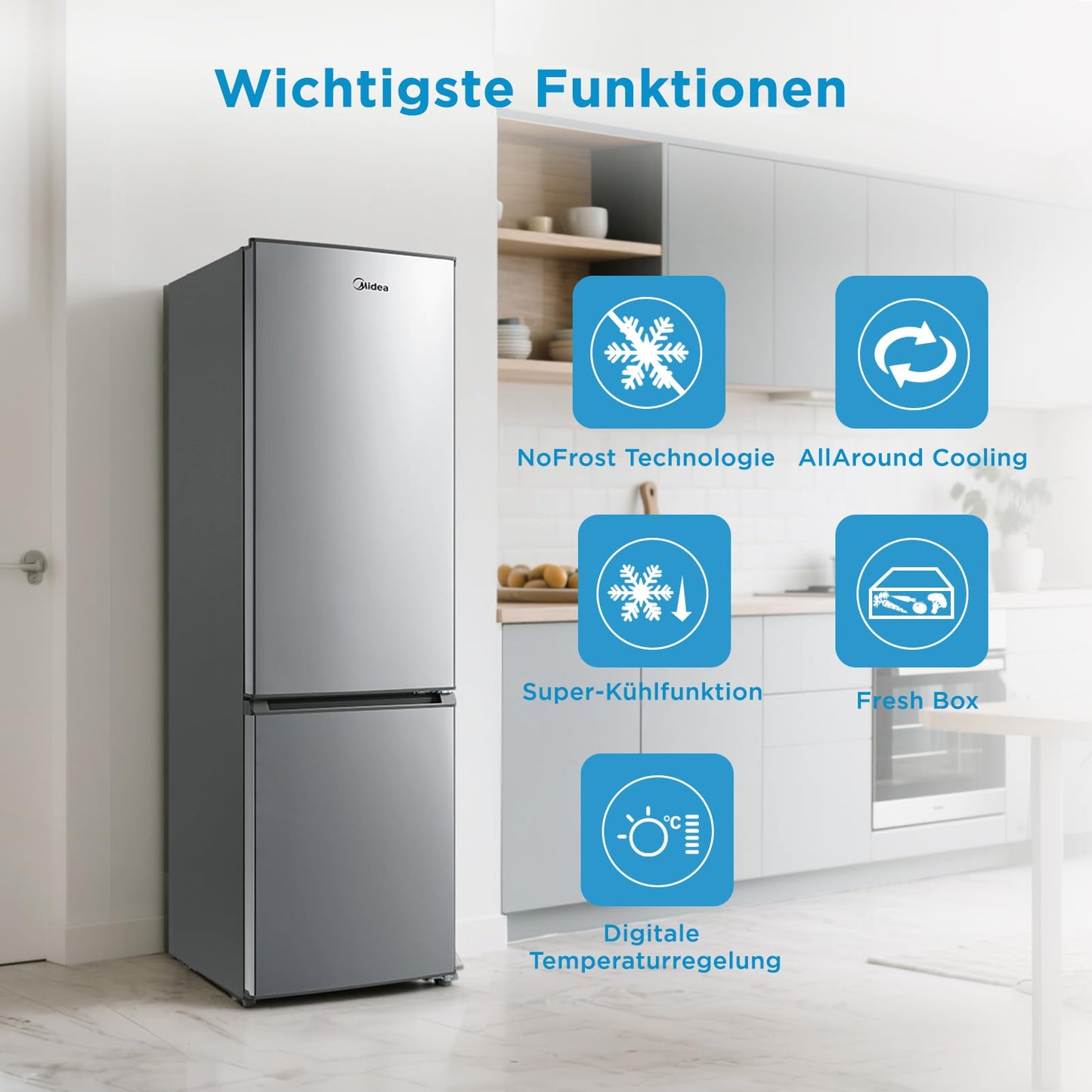 Midea Kühl-Gefrierkombination 270L – 180cm, No Frost, Edelstahl