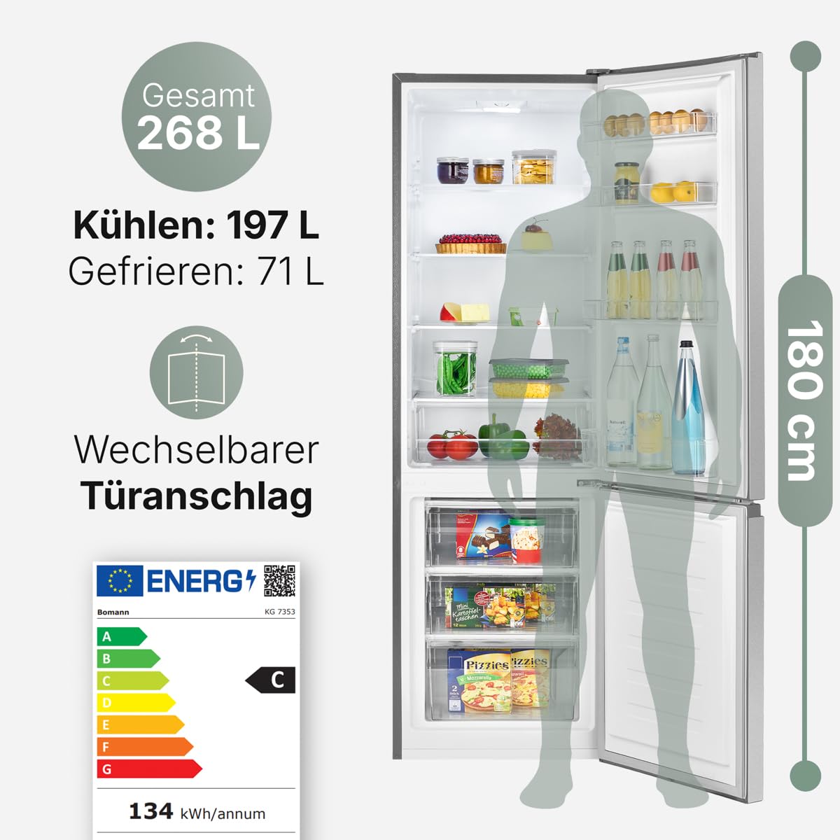 Bomann Kühl-Gefrierkombination 268L – 180cm, Inox