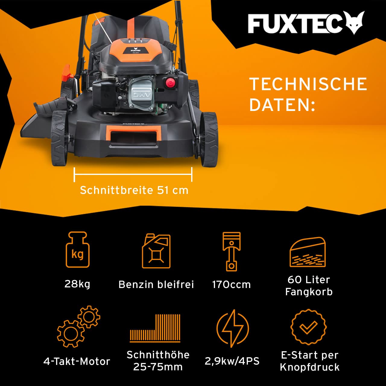 FUXTEC Benzin-Rasenmäher FX-RM5170eS 51cm, Radantrieb, Elektrostarter