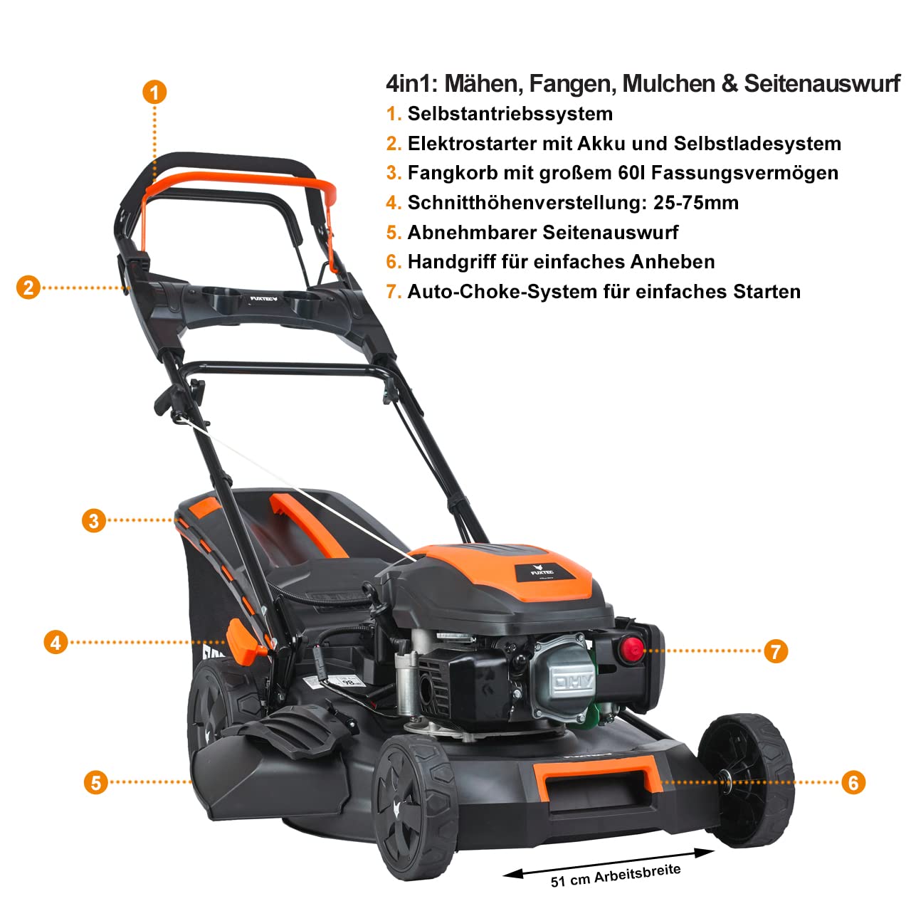 FUXTEC Benzin-Rasenmäher FX-RM5170eS 51cm, Radantrieb, Elektrostarter