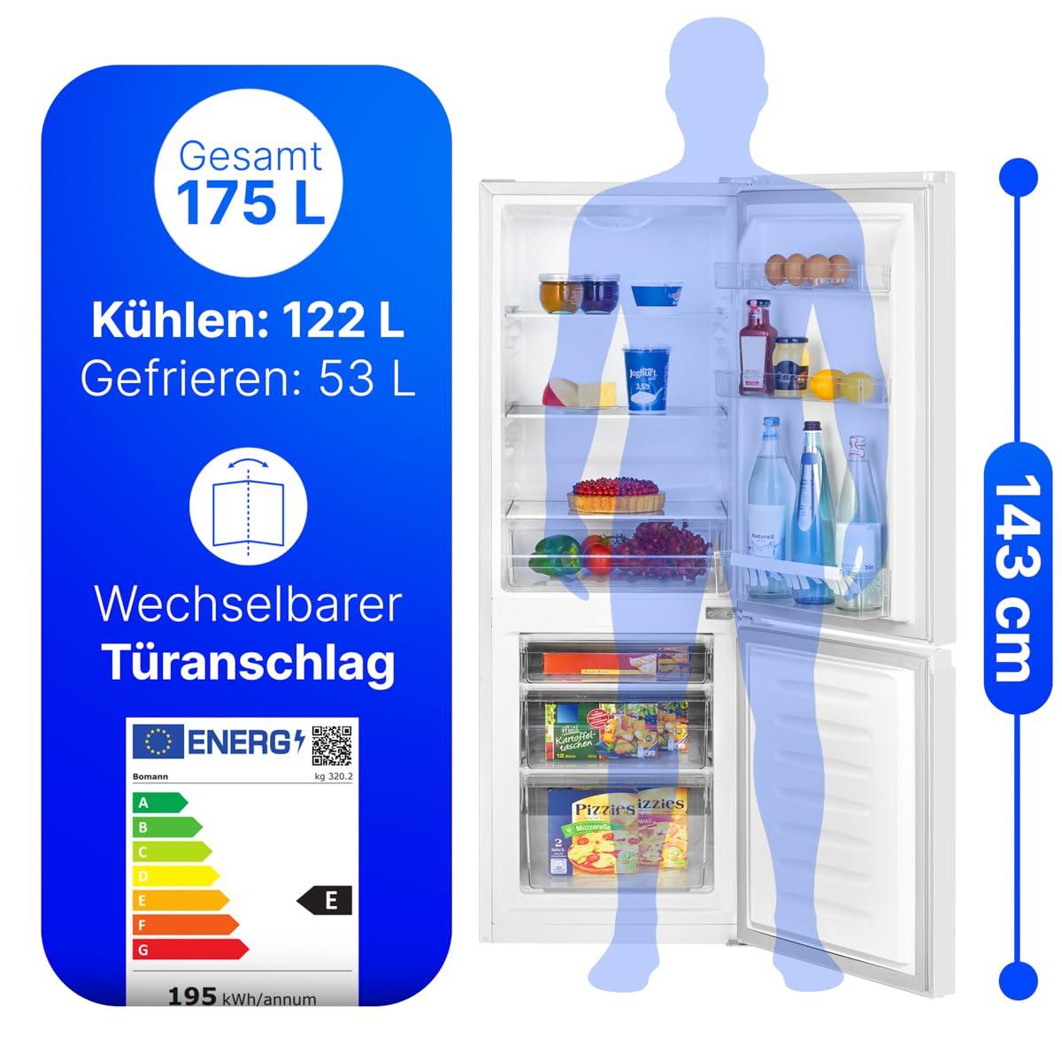 Bomann Kühl-Gefrierkombination 175L – 143cm, Weiß