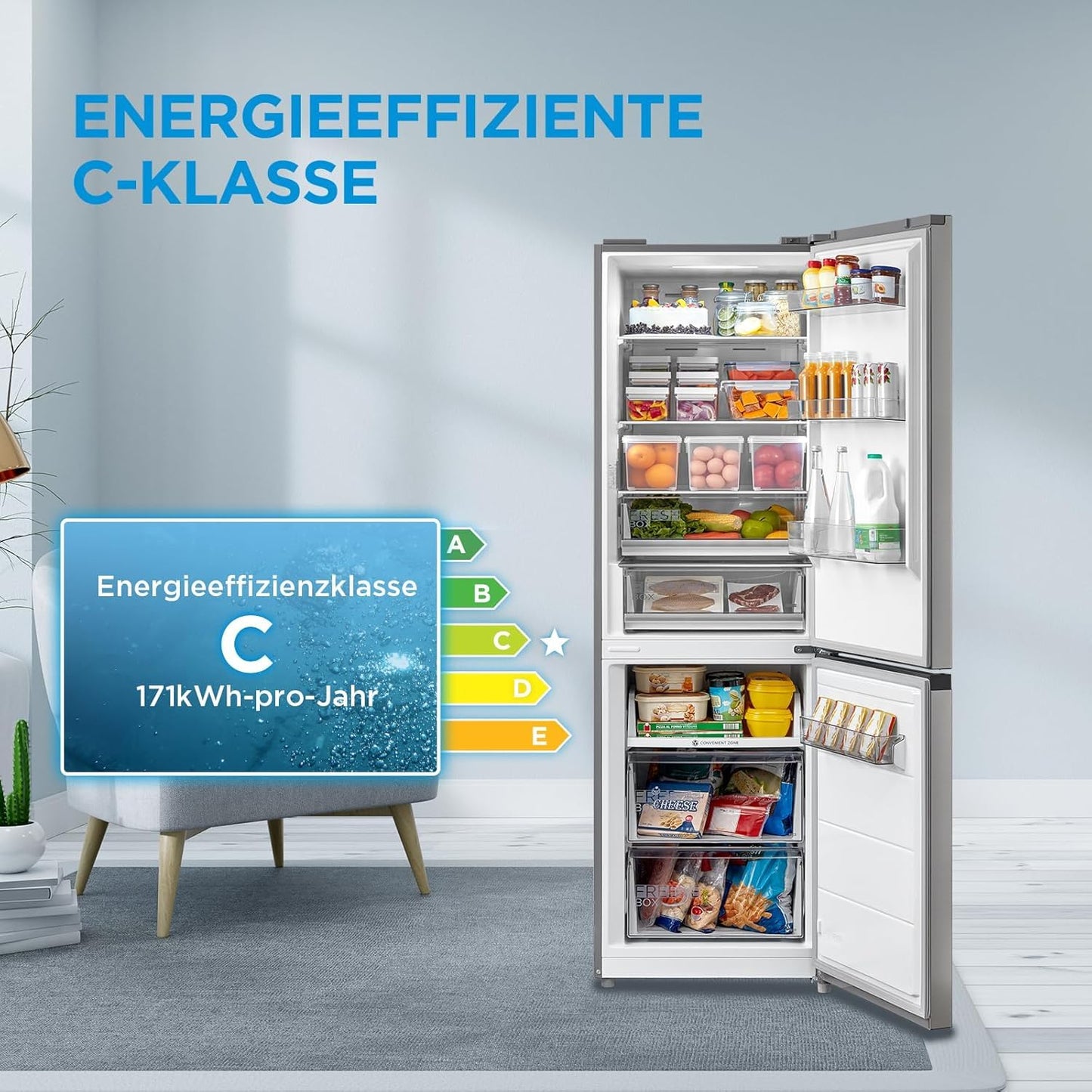 Midea Kühl-Gefrierkombination 338L – 185cm, No Frost, Inox