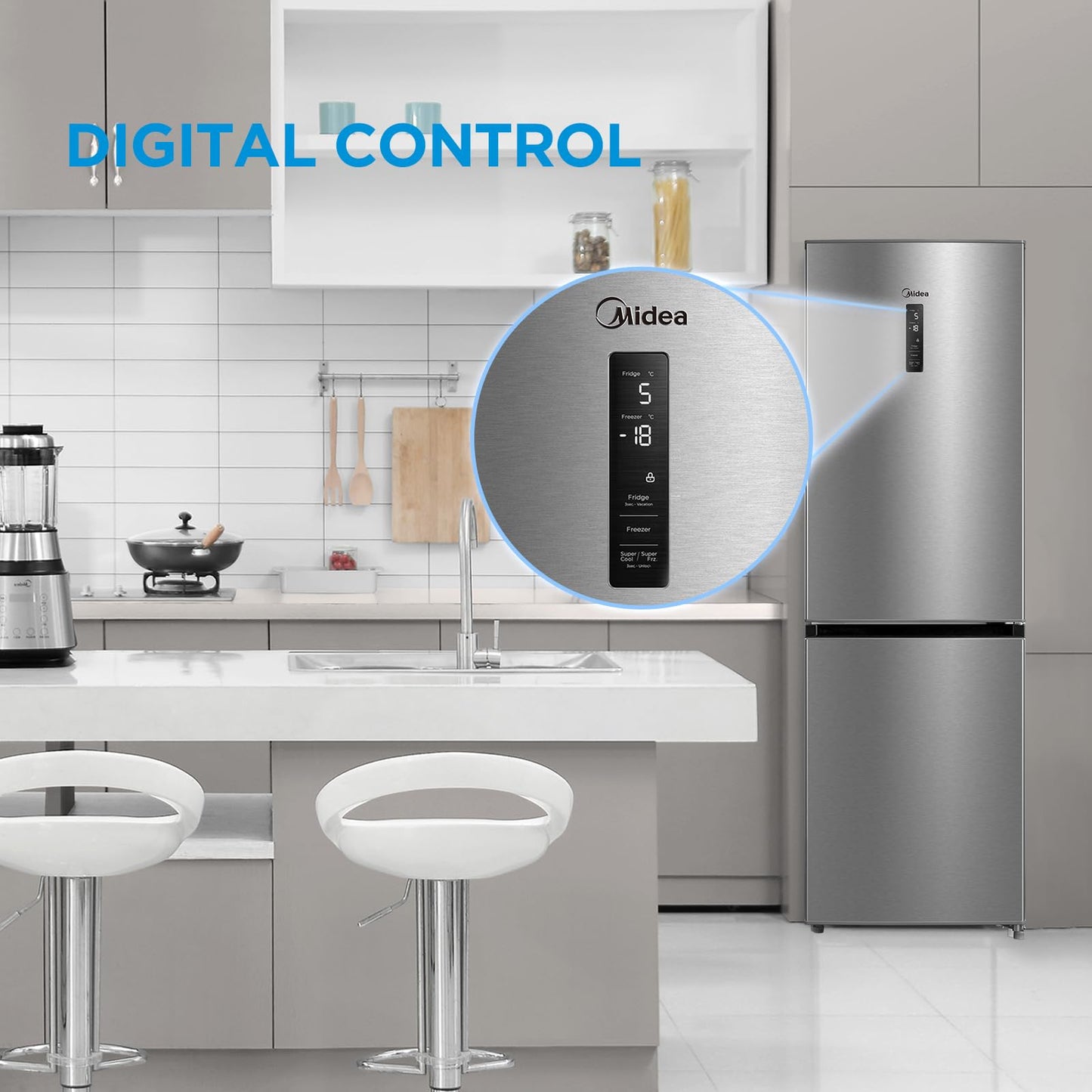 Midea Kühl-Gefrierkombination 338L – 185cm, No Frost, Inox