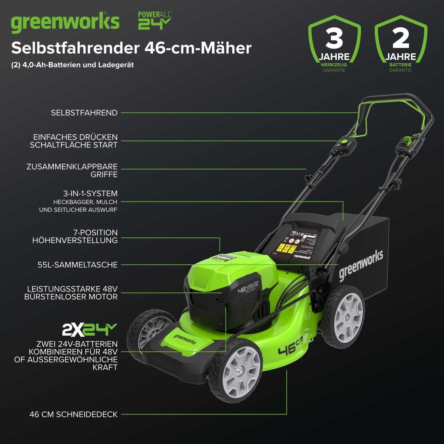 Greenworks Akku-Rasenmäher 48V, Selbstfahrend, 46cm, 480m², inkl. Akkus