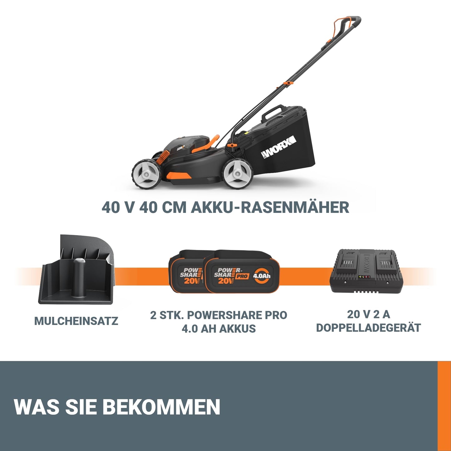 WORX Akku-Rasenmäher WG743E 40V, 40cm Schnittbreite
