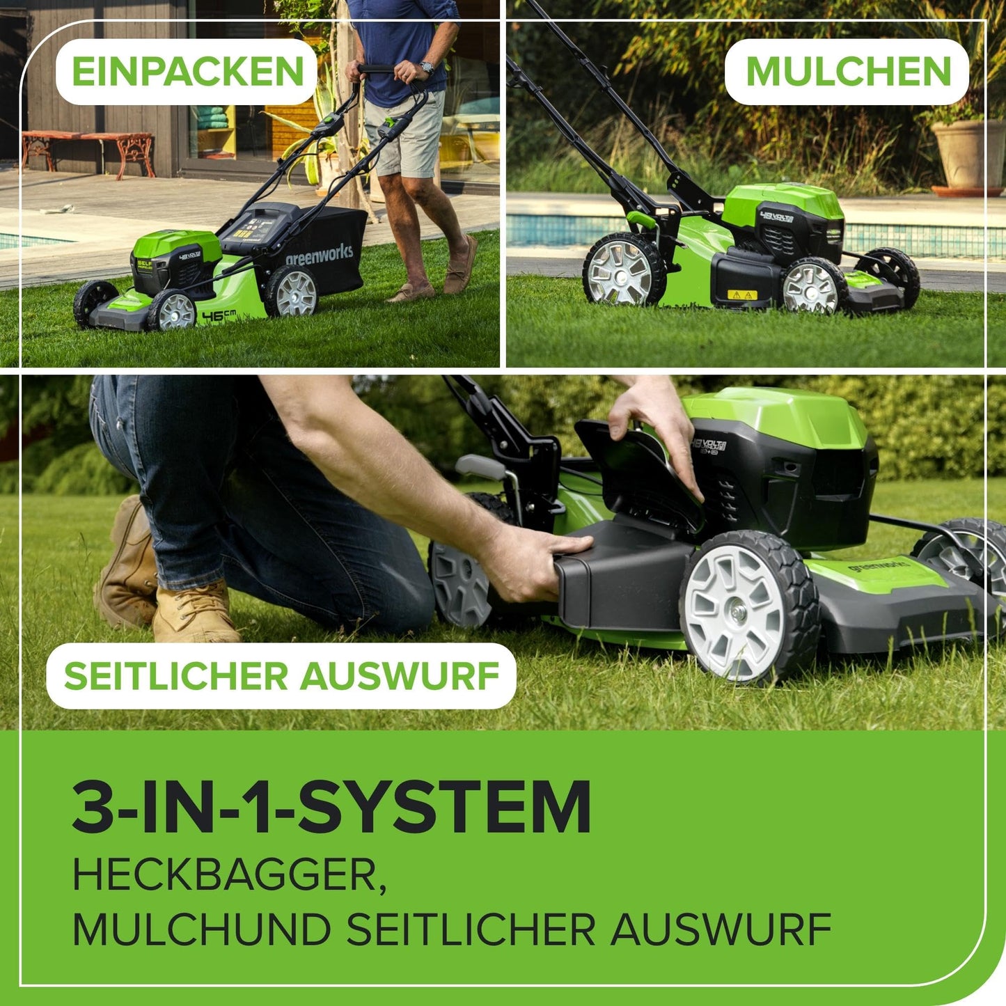 Greenworks Akku-Rasenmäher 48V, Selbstfahrend, 46cm, 480m², inkl. Akkus