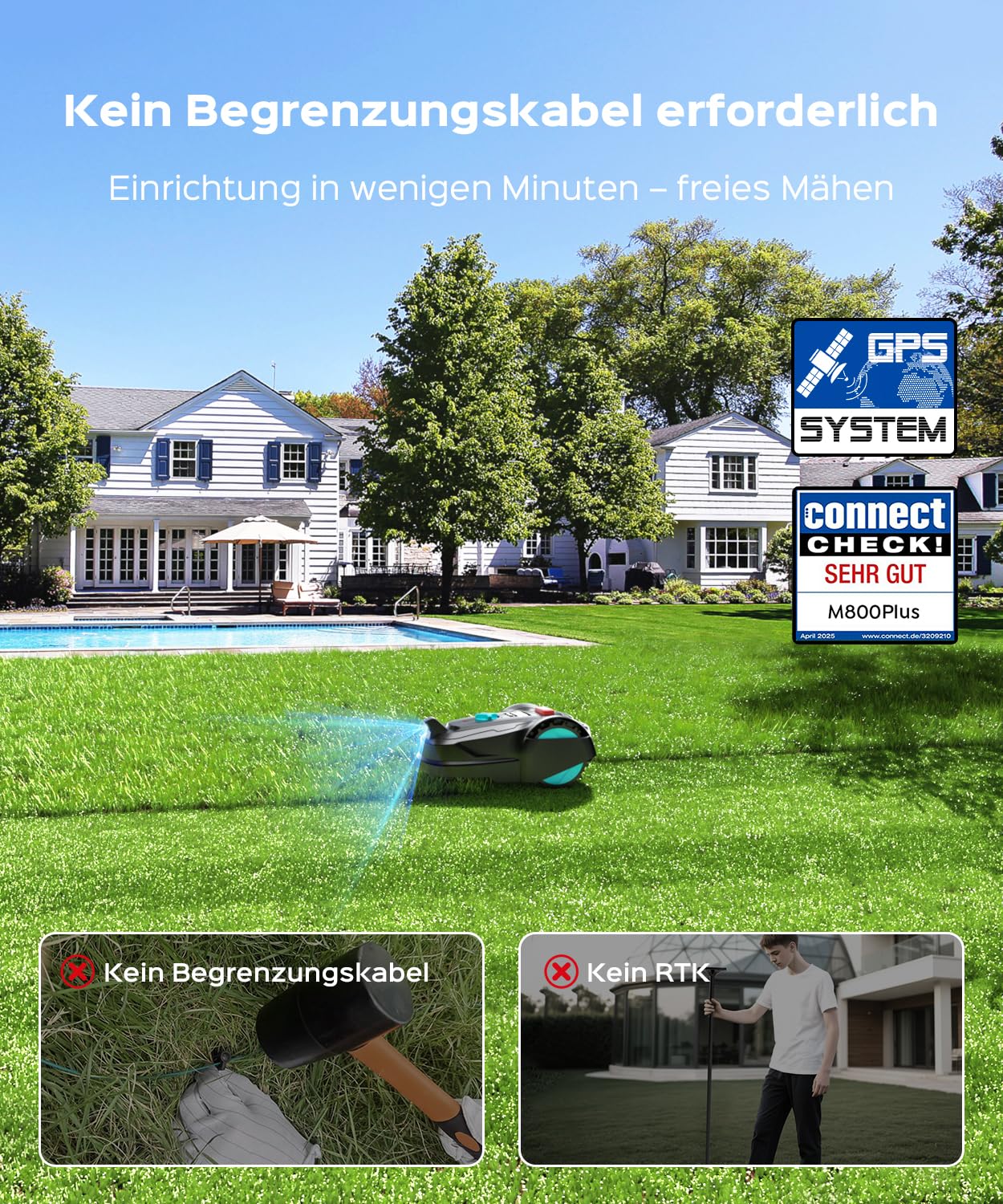 YARDCARE Mähroboter M800Plus ohne Begrenzungskabel, 800m², GPS+KI Vision