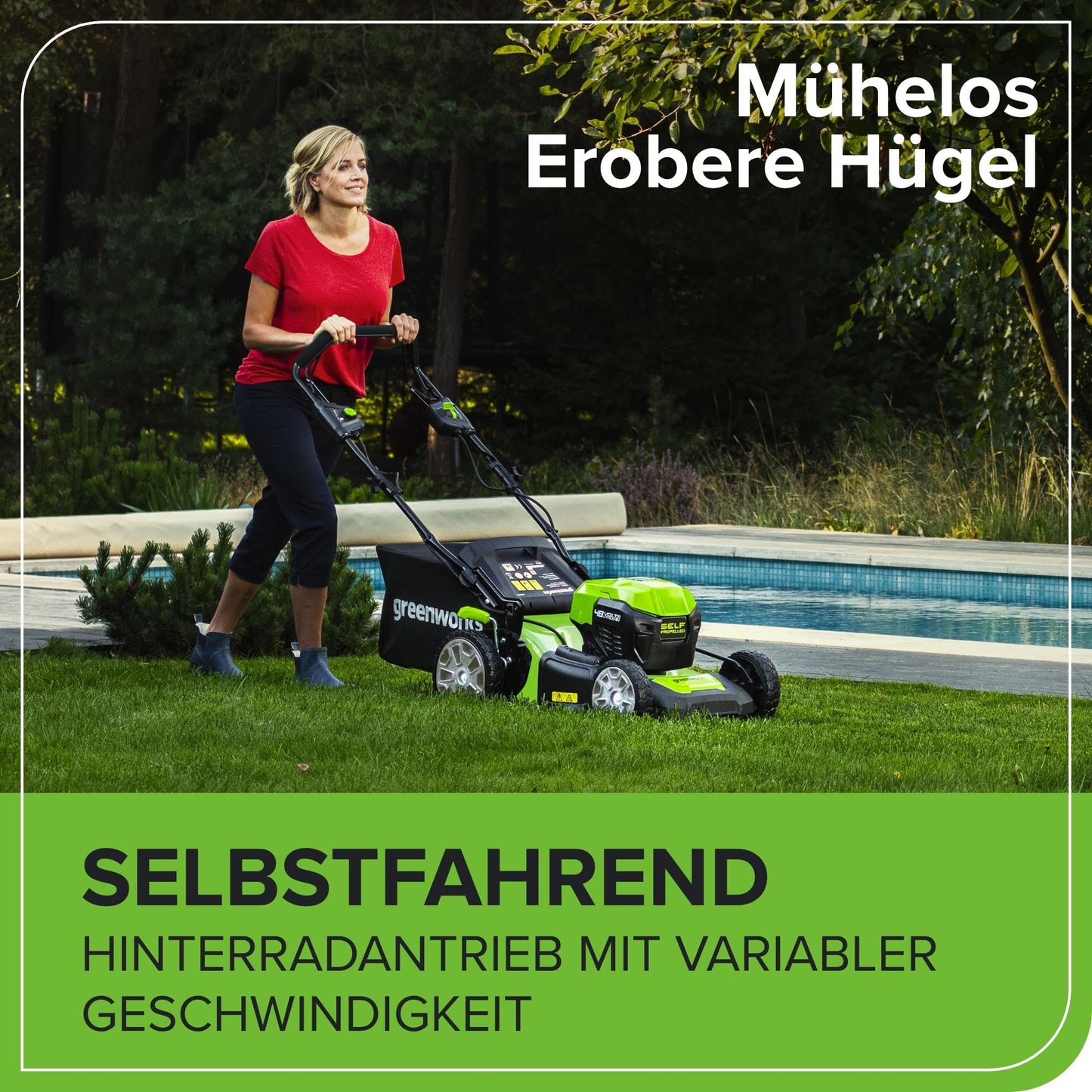 Greenworks Akku-Rasenmäher 48V, Selbstfahrend, 46cm, 480m², inkl. Akkus