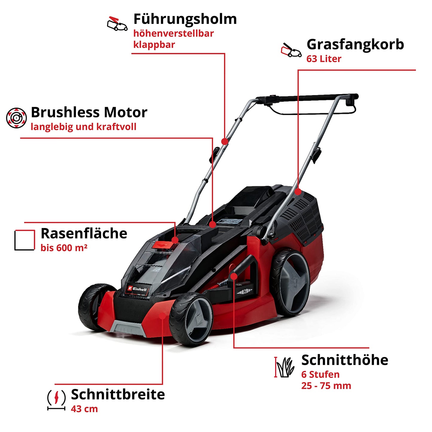 Einhell Akku-Rasenmäher GE-cm 43 Li M Kit 36V, 43cm, 600m², inkl. Akkus