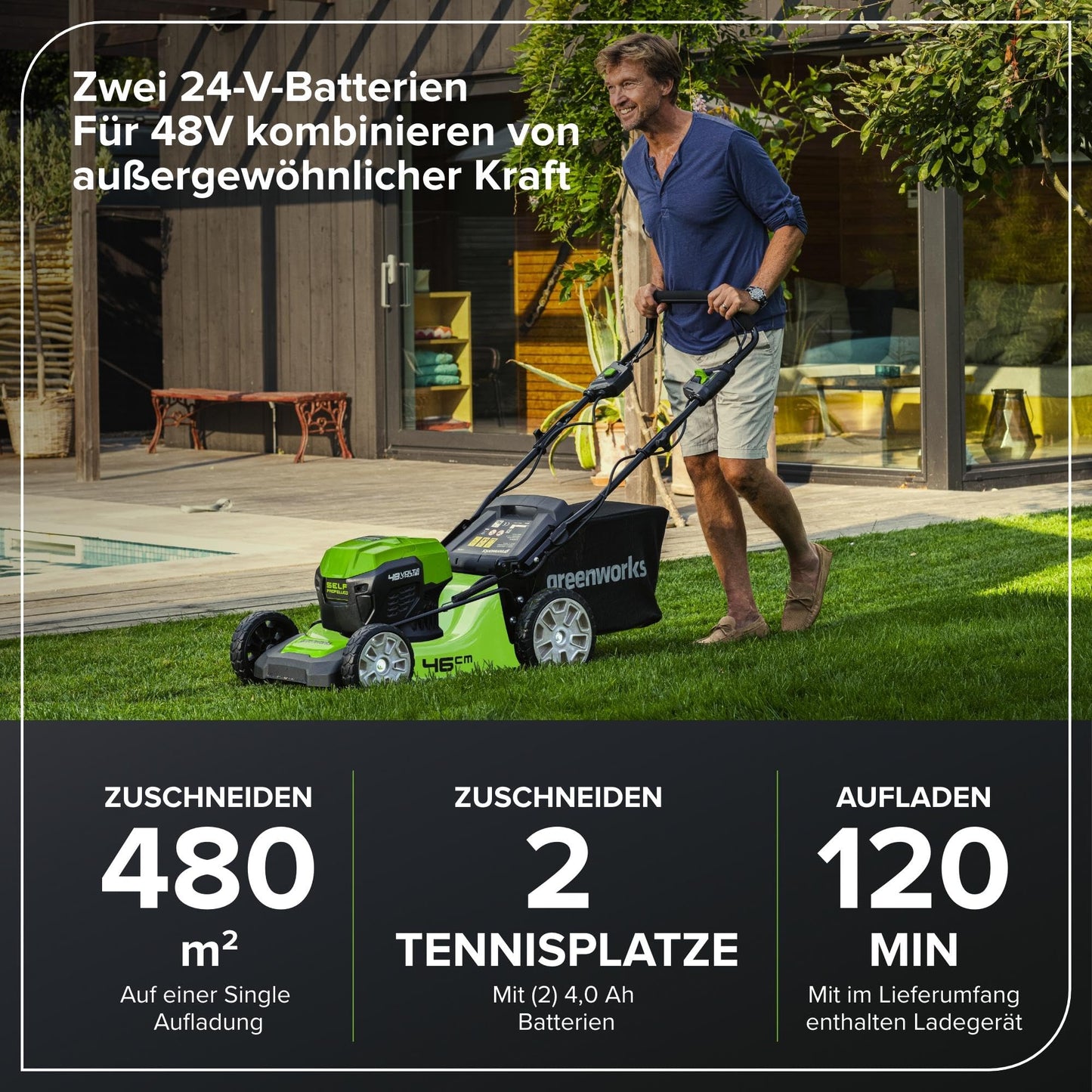 Greenworks Akku-Rasenmäher 48V, Selbstfahrend, 46cm, 480m², inkl. Akkus
