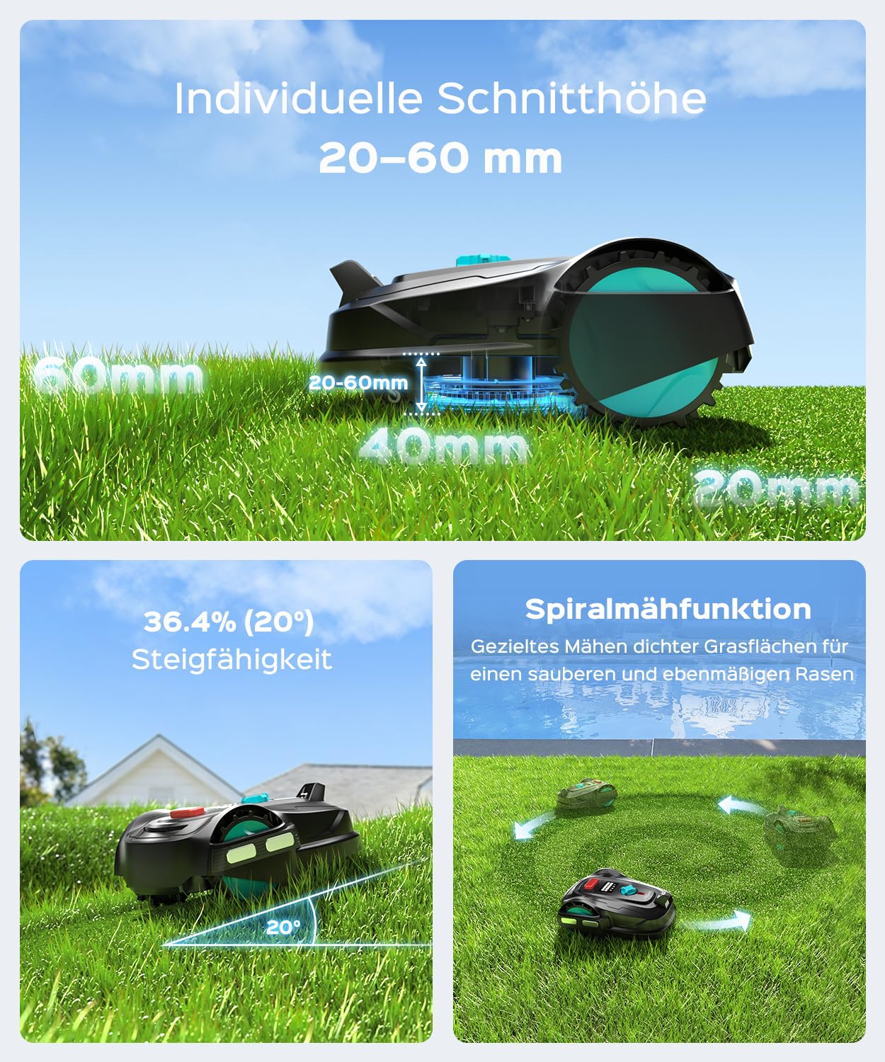 YARDCARE Mähroboter M800Plus ohne Begrenzungskabel, 800m², GPS+KI Vision