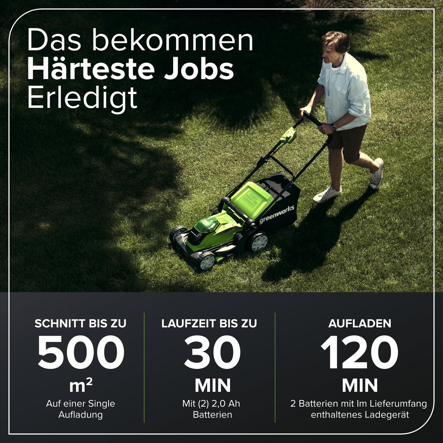 Greenworks Akku-Rasenmäher 40V, 41cm Schnittbreite, 500m², inkl. Akkus