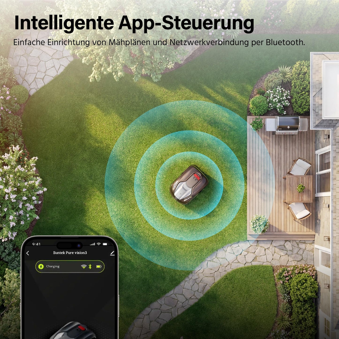 SUNTEK Mähroboter SRM2050 ohne Begrenzungskabel, 500m², KI Vision, Garage