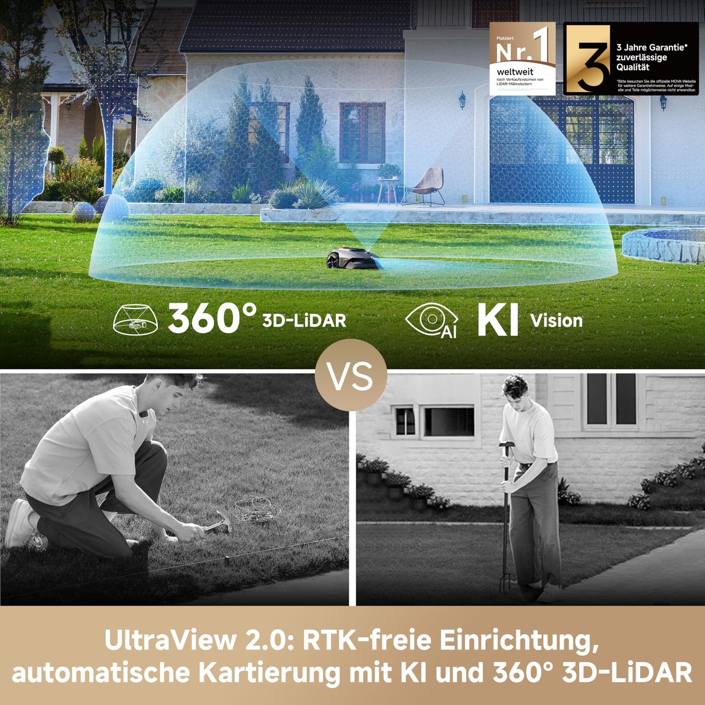 MOVA Mähroboter LiDAX Ultra 800 ohne Begrenzungskabel, 3D-LiDAR, KI Vision