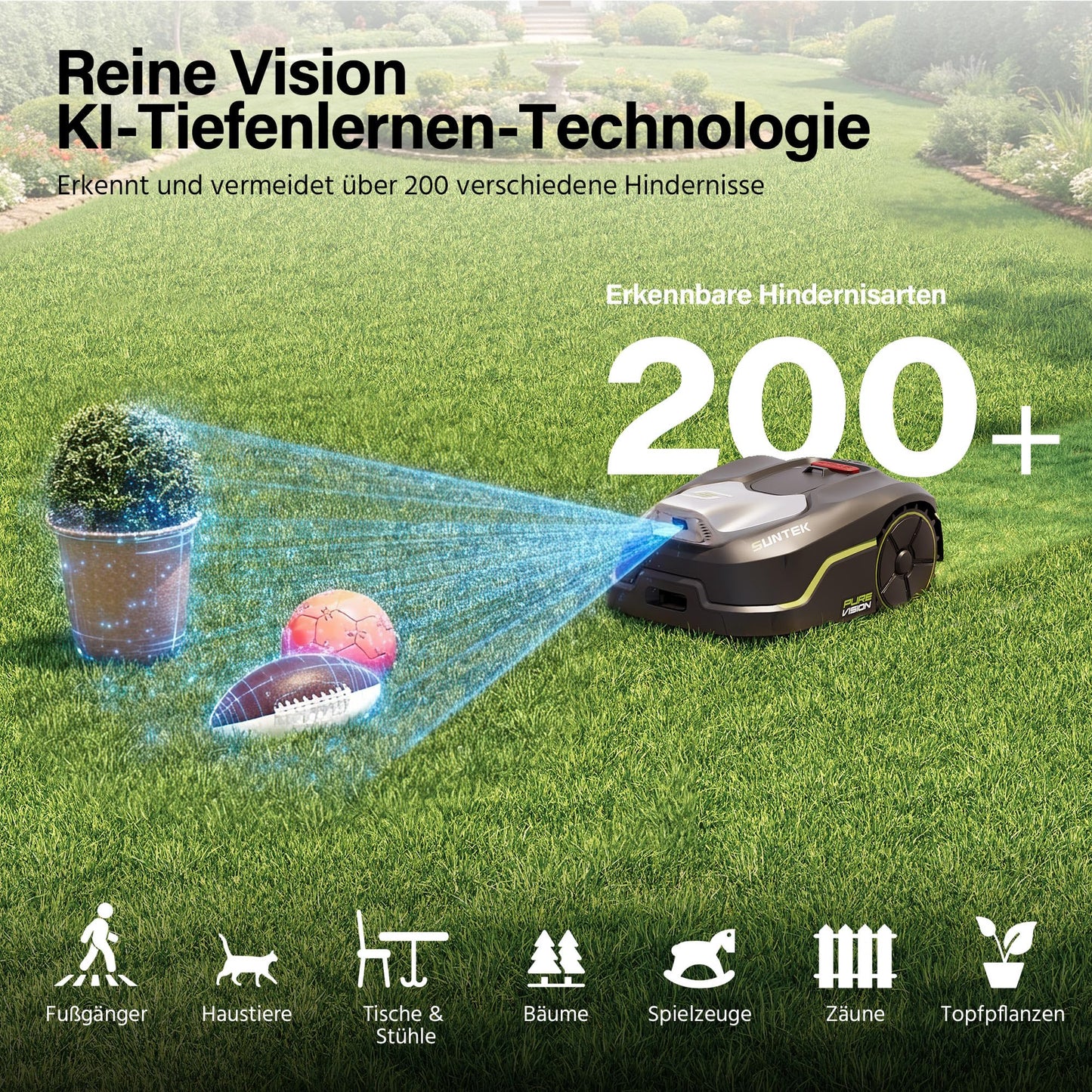 SUNTEK Mähroboter SRM2050 ohne Begrenzungskabel, 500m², KI Vision, Garage